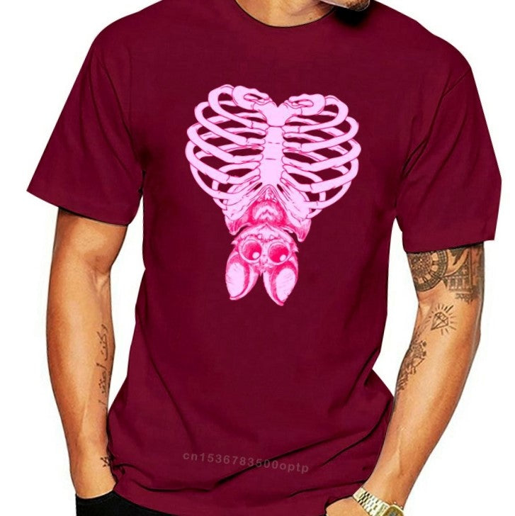 Witchy Pastel Goth Cute Bat & Ribcage T-Shirt - Red / S