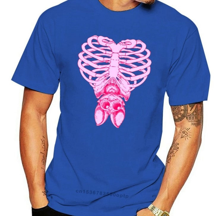 Witchy Pastel Goth Cute Bat & Ribcage T-Shirt - Sky Blue / S