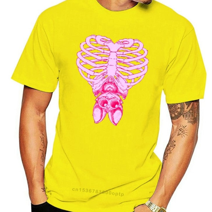 Witchy Pastel Goth Cute Bat & Ribcage T-Shirt - Yellow / S