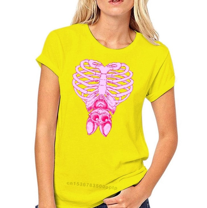 Pastel Goth Cute Bat & Bones Women T-Shirt - Yellow / S