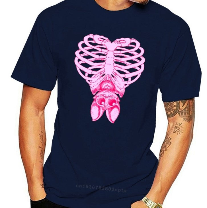 Witchy Pastel Goth Cute Bat & Ribcage T-Shirt - Blue / S
