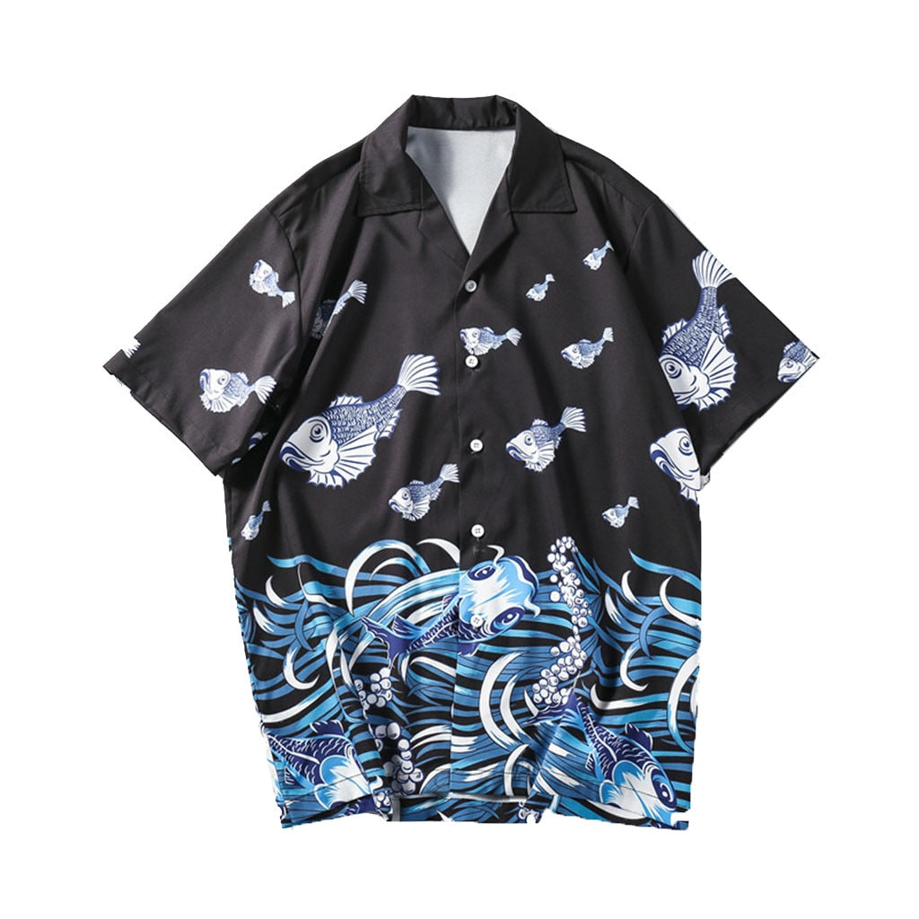 Waves and Fishes Shirt - S / Black - Shirts