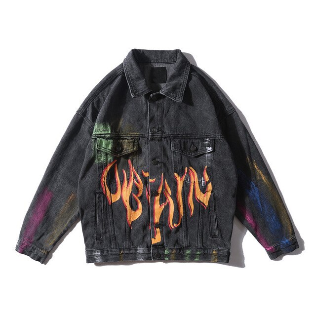 FIRE COLORFUL DENIM JACKET - black jacket / XL