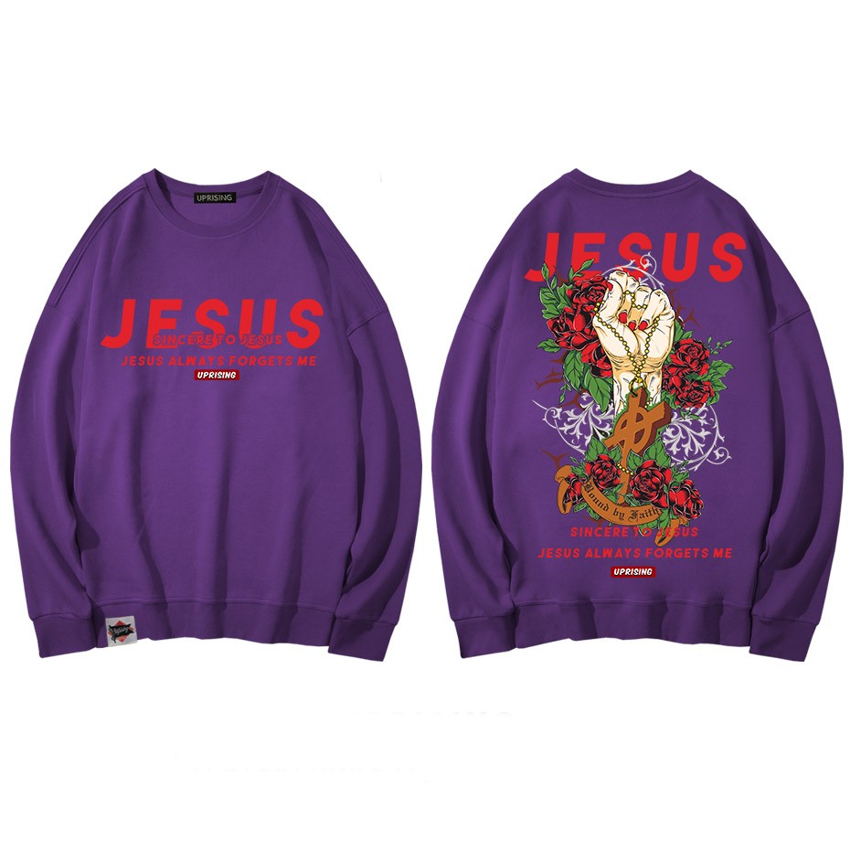 Jesus Hand with Cross and Roses Print Sweatshirt - purple /