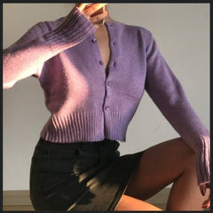 Cute Solid Color Round Neck Long Sleeve Sweater - Purple / M