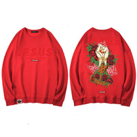 Thumbnail for Jesus Hand with Cross and Roses Print Sweatshirt - red / M -