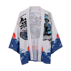 The Great Wave Kanji Crane 3/4 Sleeve Kimono - KIMONO