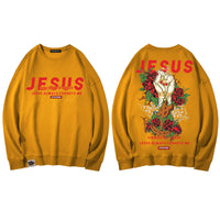 Thumbnail for Jesus Hand with Cross and Roses Print Sweatshirt - yellow /